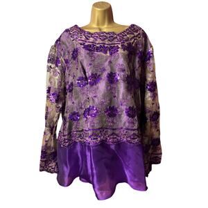 Vintage Purple Tan Lace Peplum Organza Sequin Bell Sleeve Top Church Dress Gown.